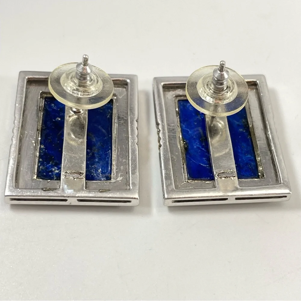 Vintage Sterling Silver Framed Lapis Lazuli Geometric Pierced Earrings Art Deco